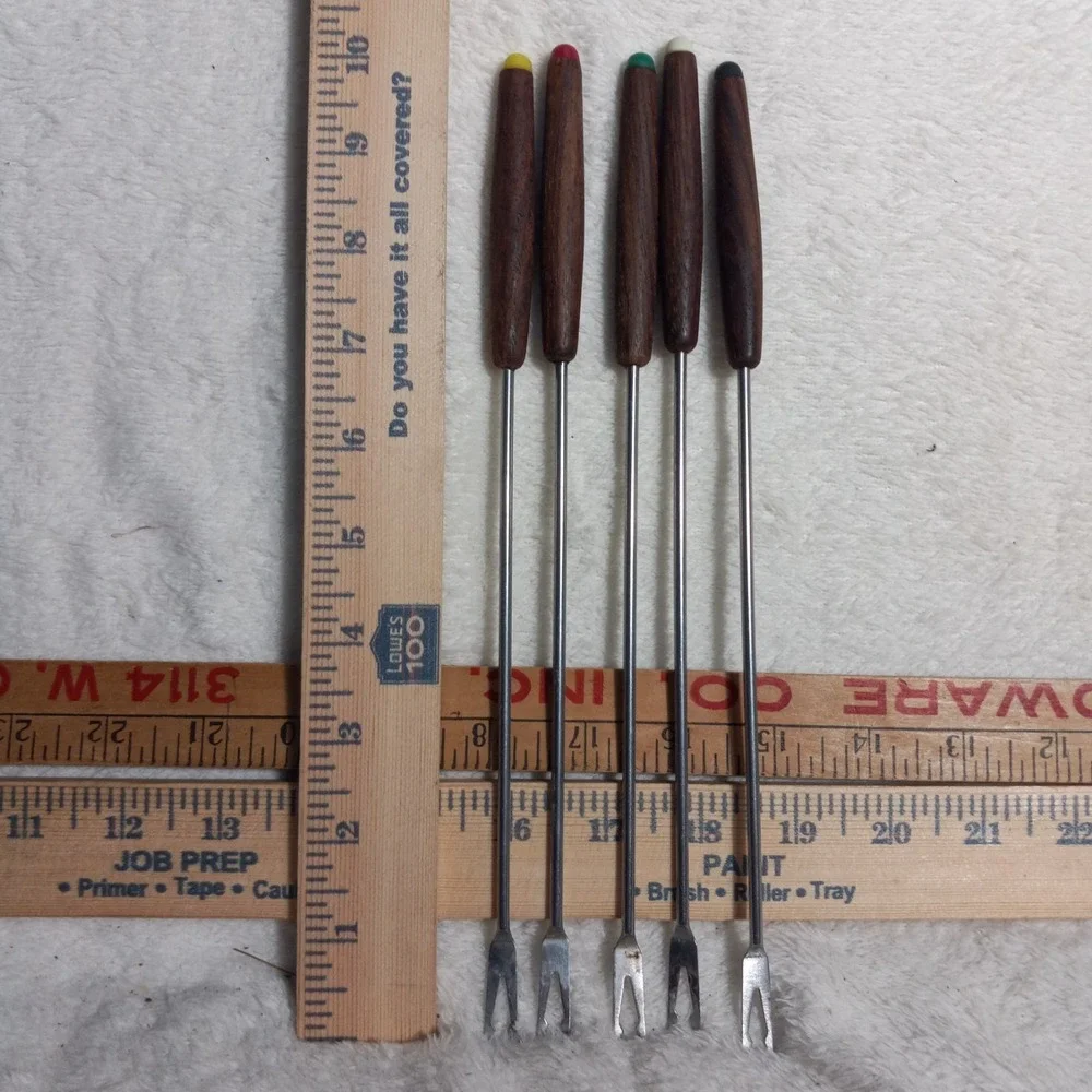 Fondue Forks Set 5 Teak Wood Handles Color Tips 10